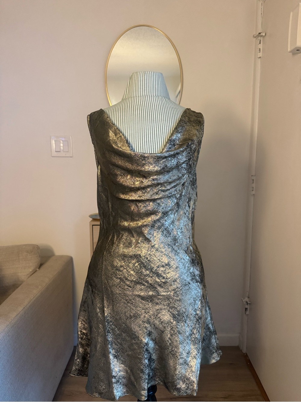 H&M NWT Metallic Silver Cowl Neck Open Back Mini Dress – Size M